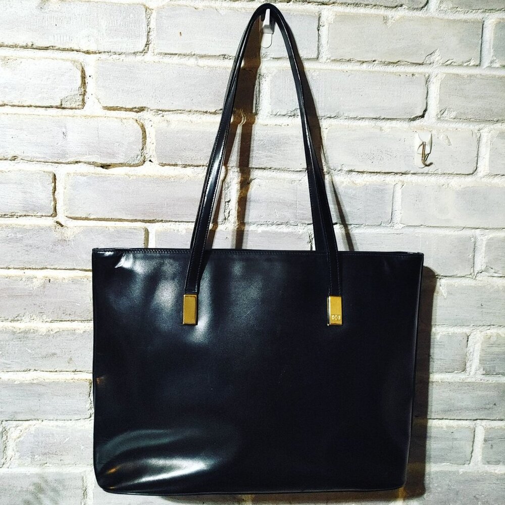 Escada Black Patent Leather Tote Bag Shoulder Vintage Dual Handle Zip Closure